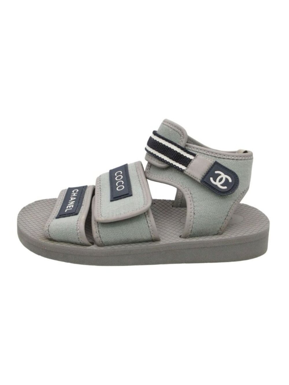 Chanel Sandals Coco Logo Velcro Nylon Canvas Urethane Flat Belt Shoes Gray